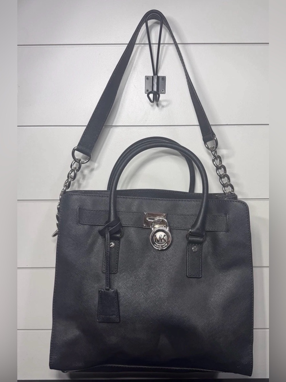 Michael Kors Hamilton Large Satchel Purse Black Saffiano Leather Silver Hardware